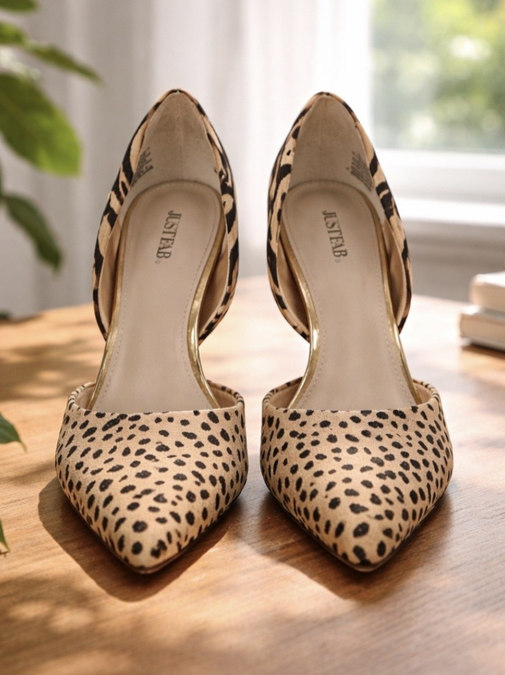JustFab Leopard Print Pointed-Toe D'Orsay Pumps in Beige